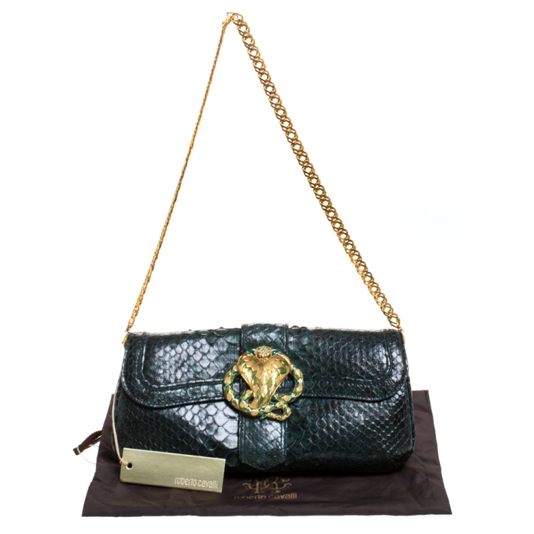 Pre Owned Roberto Cavalli Green Python Serpent Chain Clutch