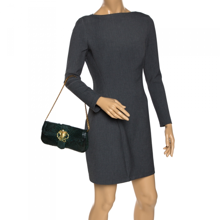 Pre Owned Roberto Cavalli Green Python Serpent Chain Clutch
