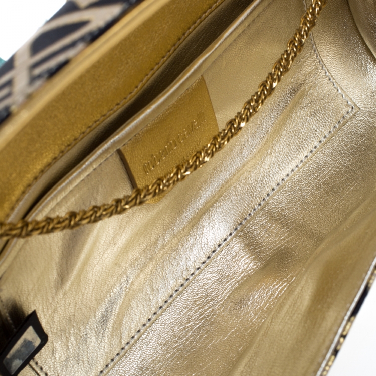 Pre Owned Roberto Cavalli Gold/Black Printed Satin and Leather Chain Clutch