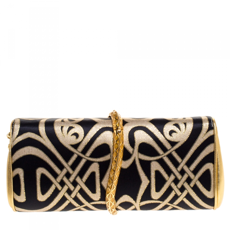 Pre Owned Roberto Cavalli Gold/Black Printed Satin and Leather Chain Clutch