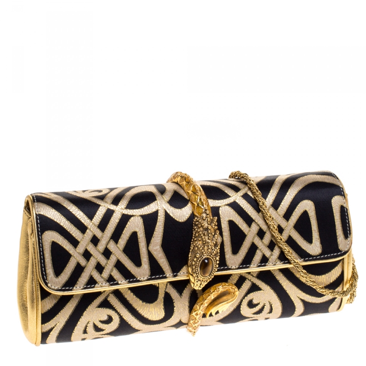 Pre Owned Roberto Cavalli Gold/Black Printed Satin and Leather Chain Clutch