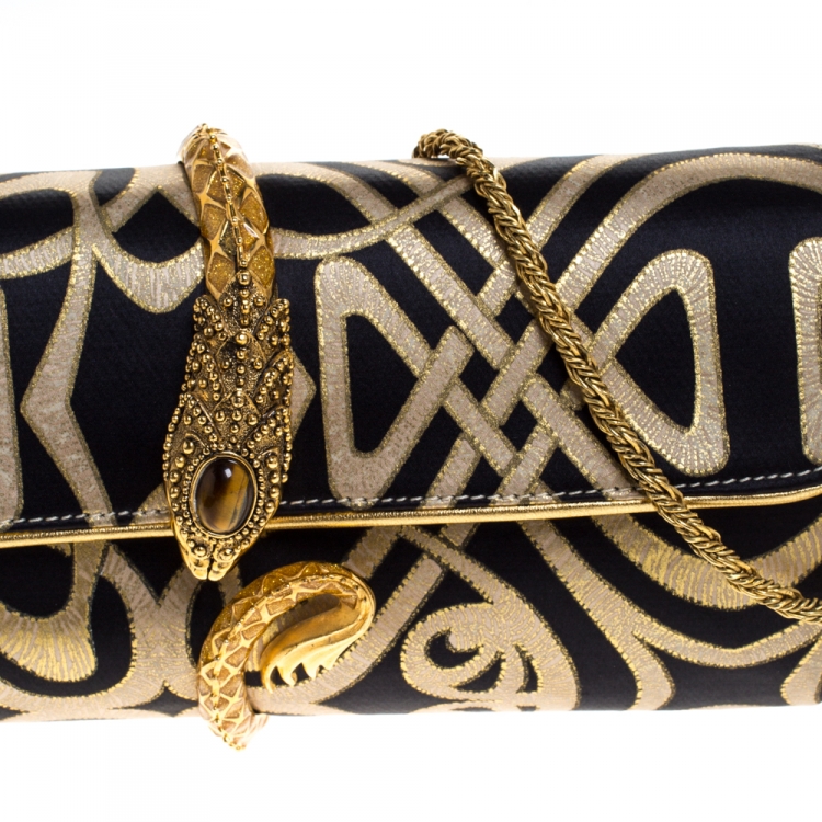 Pre Owned Roberto Cavalli Gold/Black Printed Satin and Leather Chain Clutch