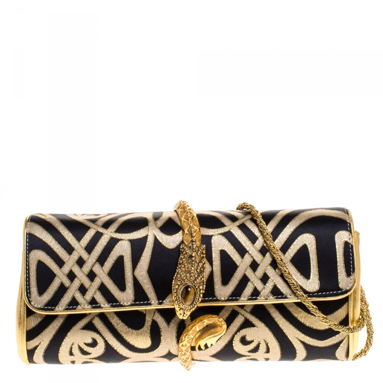 Pre Owned Roberto Cavalli Gold/Black Printed Satin and Leather Chain Clutch