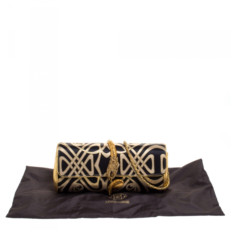 Pre Owned Roberto Cavalli Gold/Black Printed Satin and Leather Chain Clutch