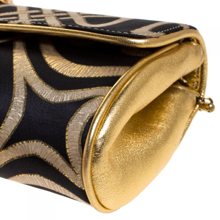 Pre Owned Roberto Cavalli Gold/Black Printed Satin and Leather Chain Clutch