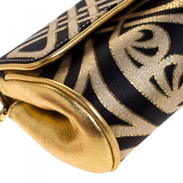 Pre Owned Roberto Cavalli Gold/Black Printed Satin and Leather Chain Clutch