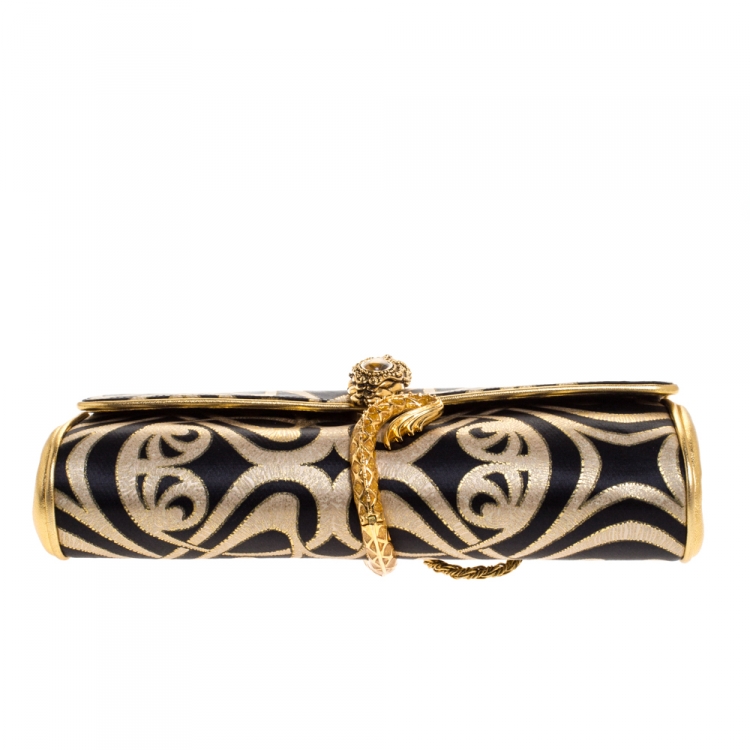 Pre Owned Roberto Cavalli Gold/Black Printed Satin and Leather Chain Clutch