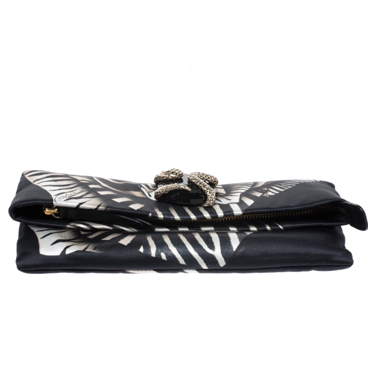 Pre Owned Roberto Cavalli Black Printed Satin Foldover Clutch