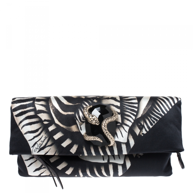 Pre Owned Roberto Cavalli Black Printed Satin Foldover Clutch