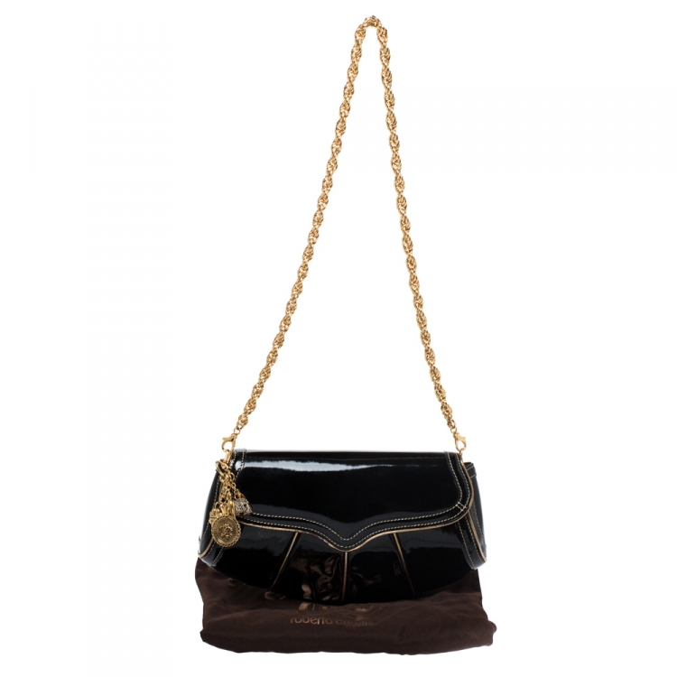 Pre Owned Roberto Cavalli Black/Gold Patent Leather Charm Shoulder Bag