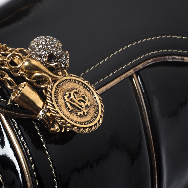 Pre Owned Roberto Cavalli Black/Gold Patent Leather Charm Shoulder Bag