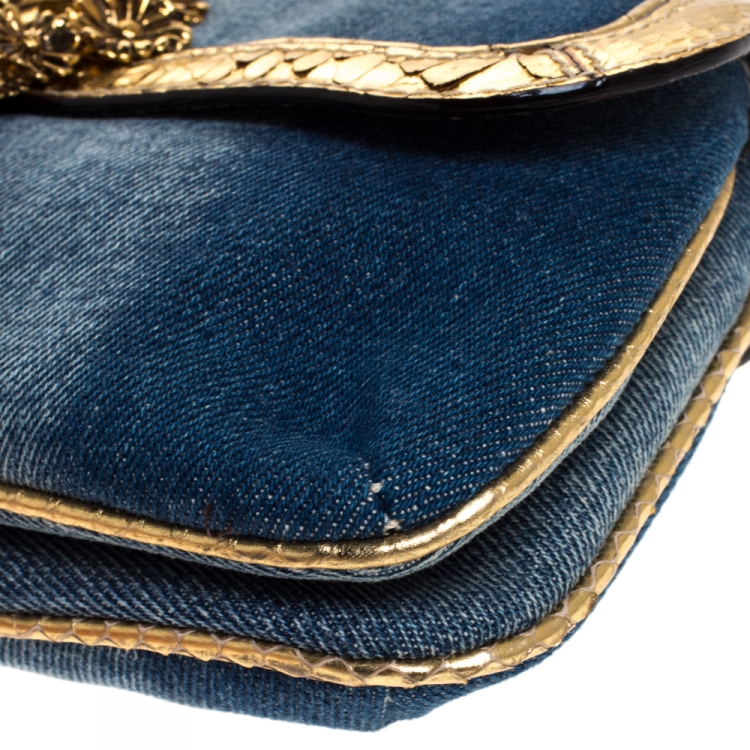 Pre Owned Roberto Cavalli Blue/Gold Denim and Snakeskin Flap Chain Clutch