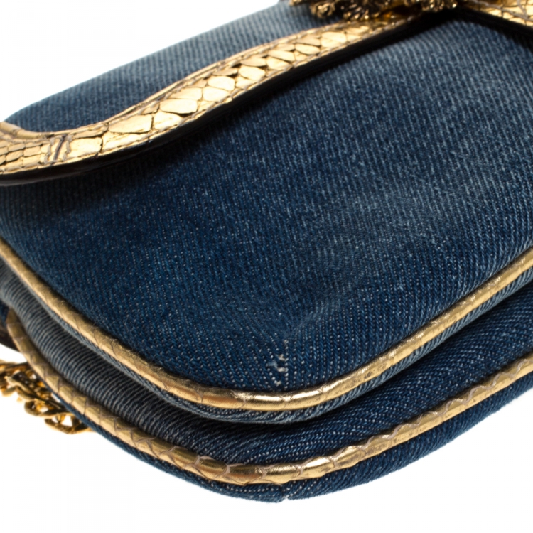 Pre Owned Roberto Cavalli Blue/Gold Denim and Snakeskin Flap Chain Clutch