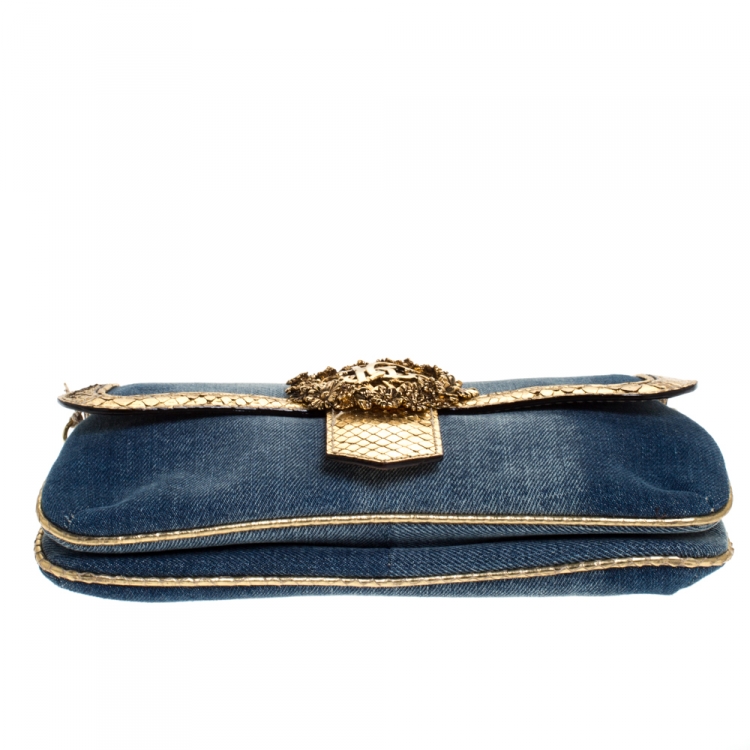 Pre Owned Roberto Cavalli Blue/Gold Denim and Snakeskin Flap Chain Clutch