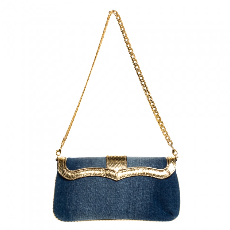 Pre Owned Roberto Cavalli Blue/Gold Denim and Snakeskin Flap Chain Clutch