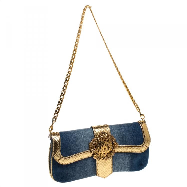Pre Owned Roberto Cavalli Blue/Gold Denim and Snakeskin Flap Chain Clutch