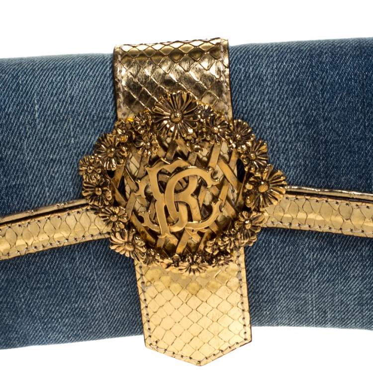 Pre Owned Roberto Cavalli Blue/Gold Denim and Snakeskin Flap Chain Clutch
