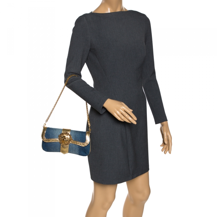 Pre Owned Roberto Cavalli Blue/Gold Denim and Snakeskin Flap Chain Clutch