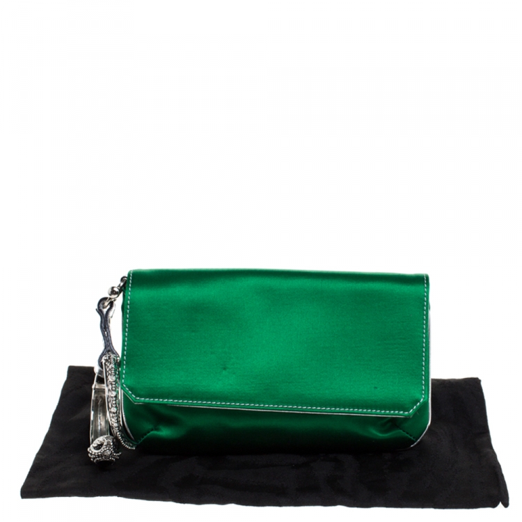 Pre Owned Roberto Cavalli Green Satin Serpent Bracelet Wristlet Clutch     