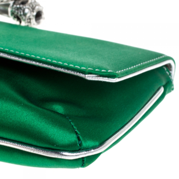 Pre Owned Roberto Cavalli Green Satin Serpent Bracelet Wristlet Clutch     