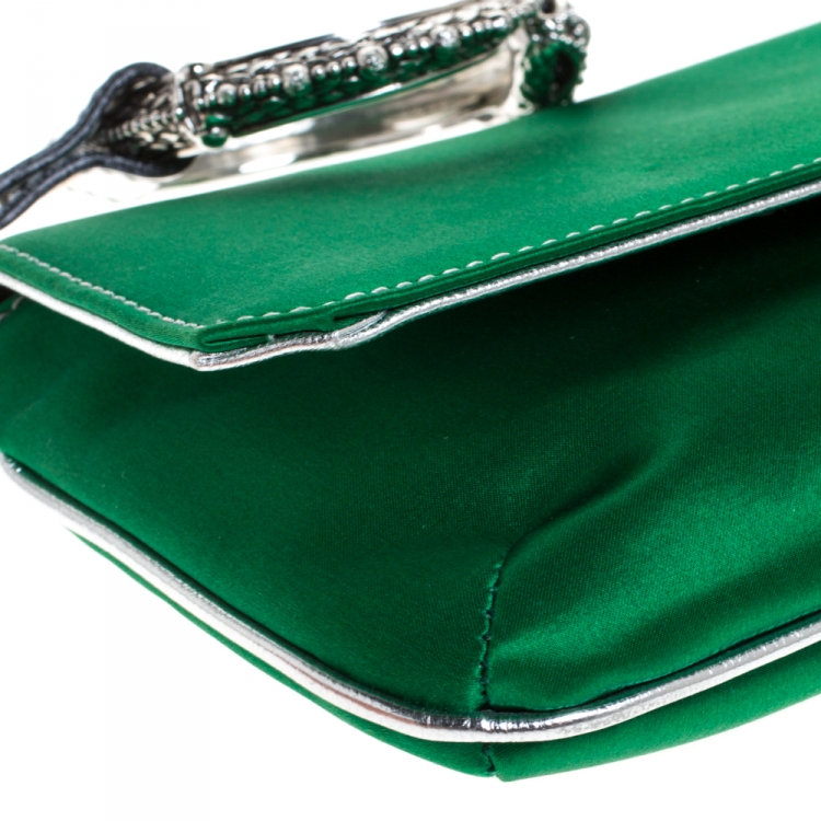 Pre Owned Roberto Cavalli Green Satin Serpent Bracelet Wristlet Clutch     