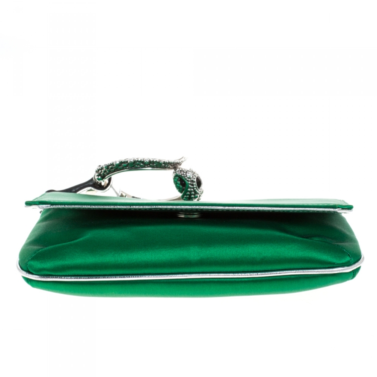 Pre Owned Roberto Cavalli Green Satin Serpent Bracelet Wristlet Clutch     
