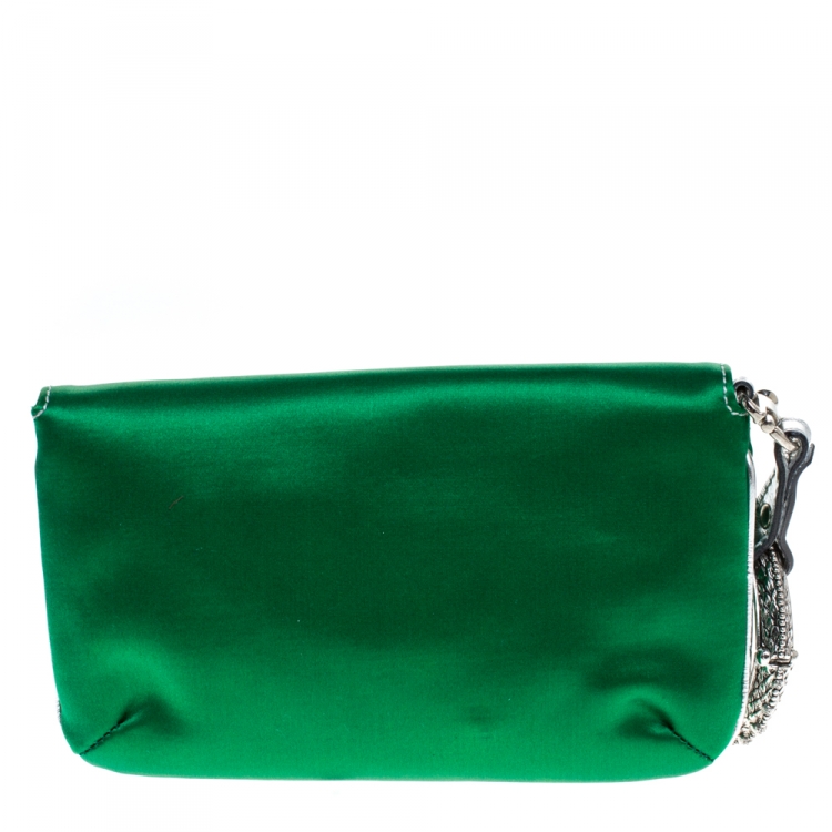 Pre Owned Roberto Cavalli Green Satin Serpent Bracelet Wristlet Clutch     