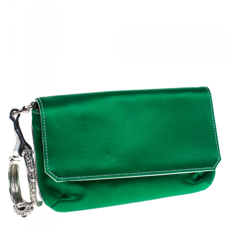Pre Owned Roberto Cavalli Green Satin Serpent Bracelet Wristlet Clutch     