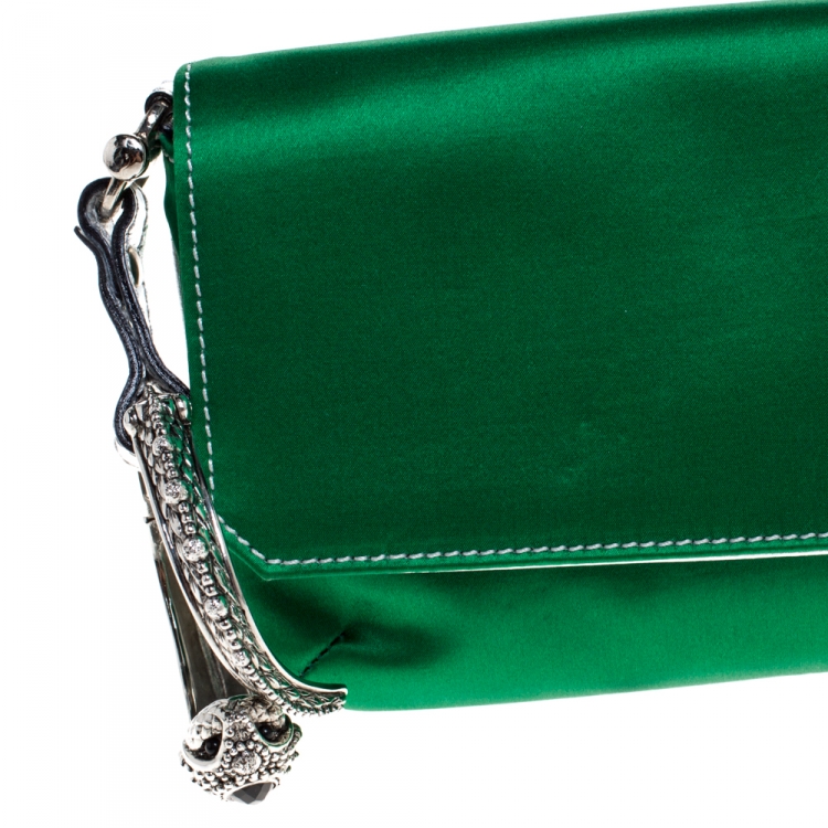 Pre Owned Roberto Cavalli Green Satin Serpent Bracelet Wristlet Clutch     