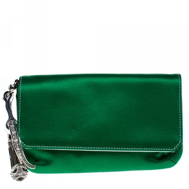 Pre Owned Roberto Cavalli Green Satin Serpent Bracelet Wristlet Clutch     