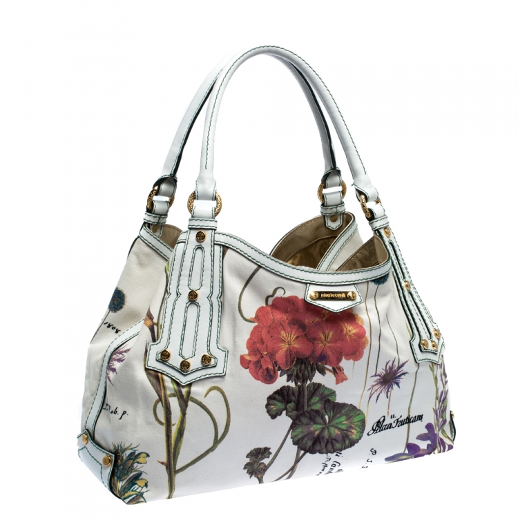 مملوكة مسبقًا Roberto Cavalli White Floral Print Canvas and Leather Hobo