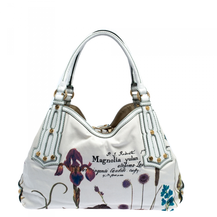 مملوكة مسبقًا Roberto Cavalli White Floral Print Canvas and Leather Hobo