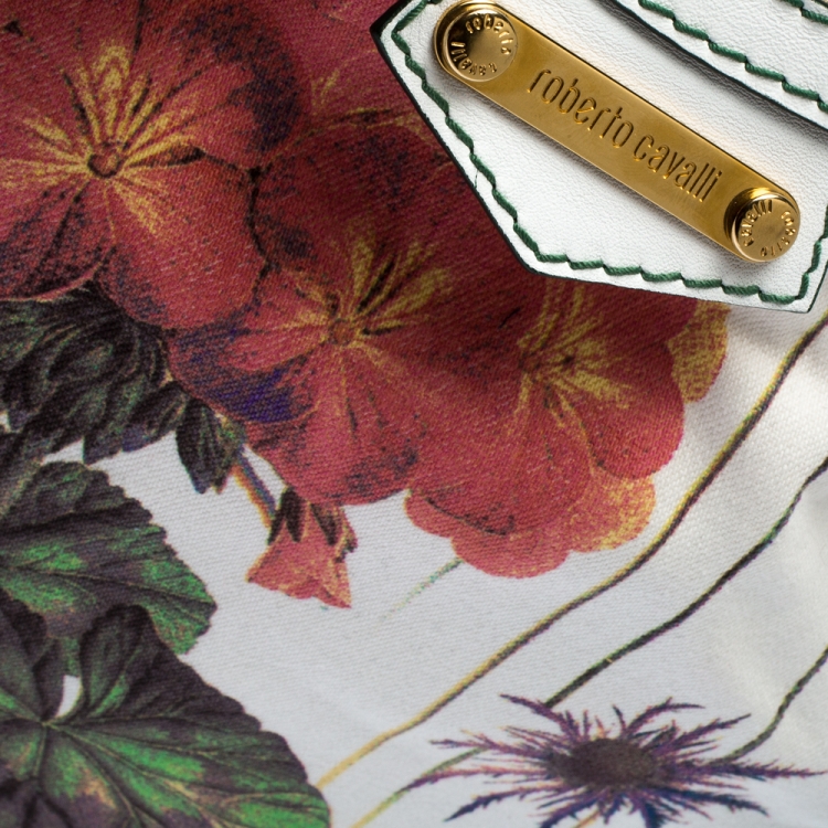 مملوكة مسبقًا Roberto Cavalli White Floral Print Canvas and Leather Hobo