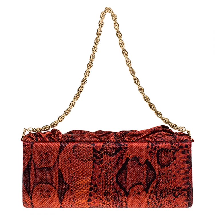 Pre Owned Roberto Cavalli Red Printed Snake Satin Chain Clutch