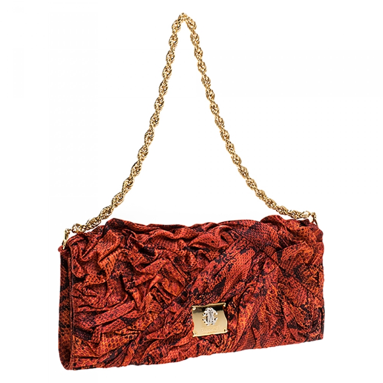 Pre Owned Roberto Cavalli Red Printed Snake Satin Chain Clutch
