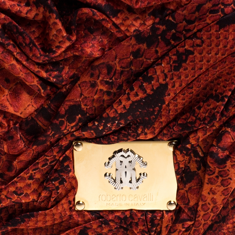 Pre Owned Roberto Cavalli Red Printed Snake Satin Chain Clutch