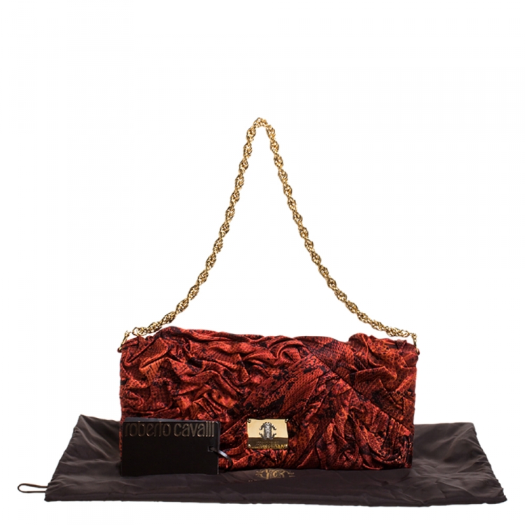 Pre Owned Roberto Cavalli Red Printed Snake Satin Chain Clutch