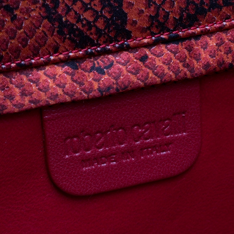 Pre Owned Roberto Cavalli Red Printed Snake Satin Chain Clutch