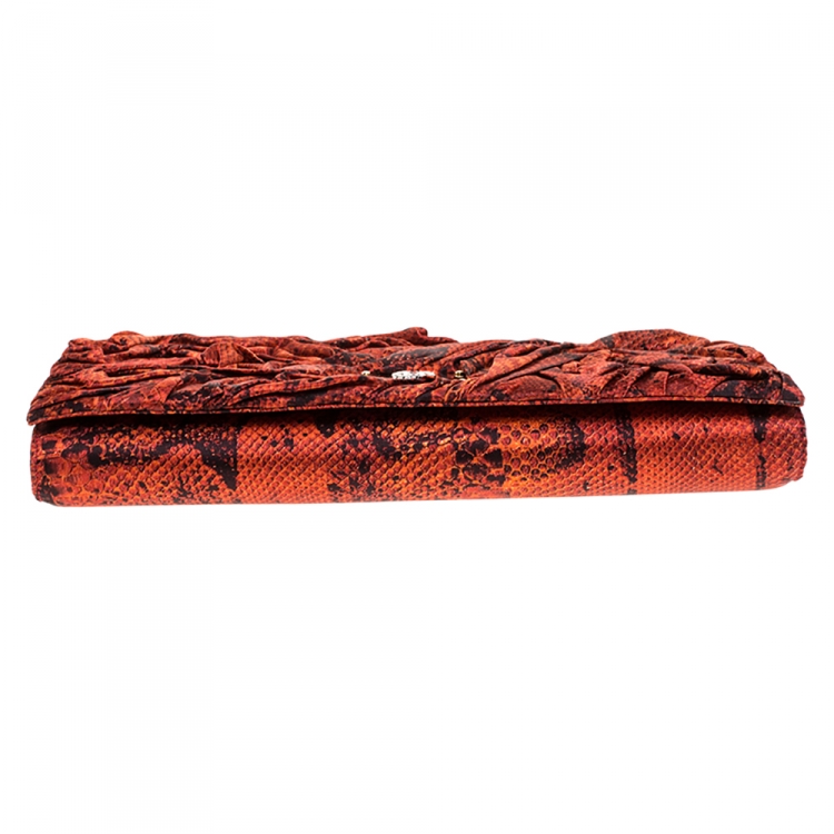Pre Owned Roberto Cavalli Red Printed Snake Satin Chain Clutch