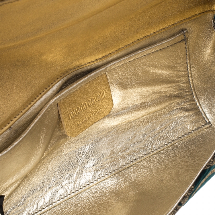 Pre Owned Roberto Cavalli Green/Gold Velvet and Leather Chain Clutch 