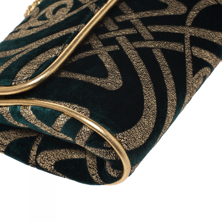Pre Owned Roberto Cavalli Green/Gold Velvet and Leather Chain Clutch 