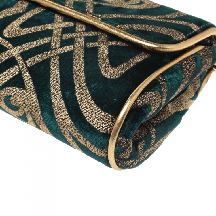 Pre Owned Roberto Cavalli Green/Gold Velvet and Leather Chain Clutch 