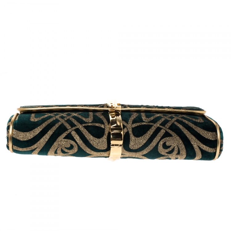 Pre Owned Roberto Cavalli Green/Gold Velvet and Leather Chain Clutch 