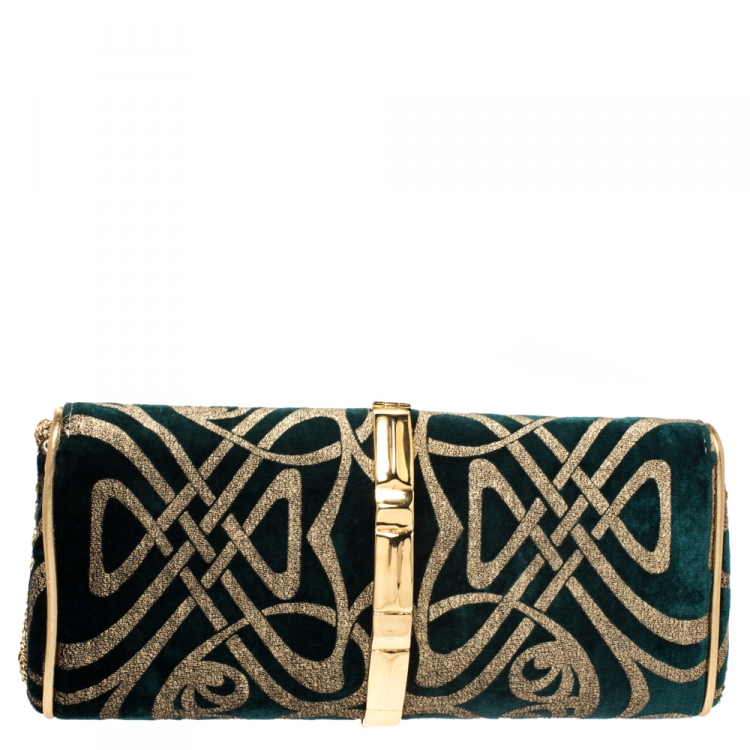 Pre Owned Roberto Cavalli Green/Gold Velvet and Leather Chain Clutch 