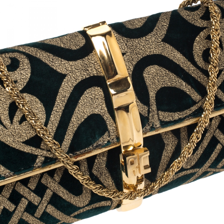 Pre Owned Roberto Cavalli Green/Gold Velvet and Leather Chain Clutch 