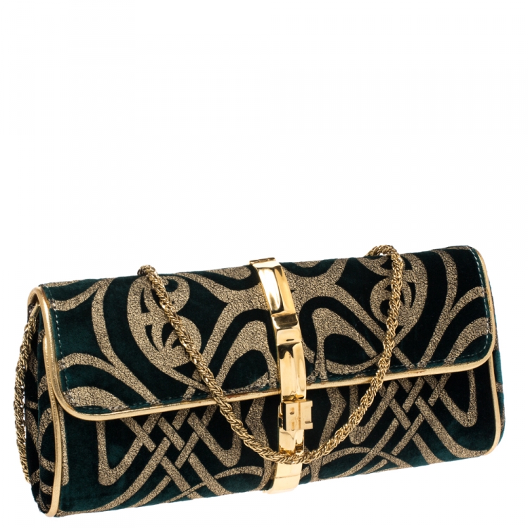 Pre Owned Roberto Cavalli Green/Gold Velvet and Leather Chain Clutch 