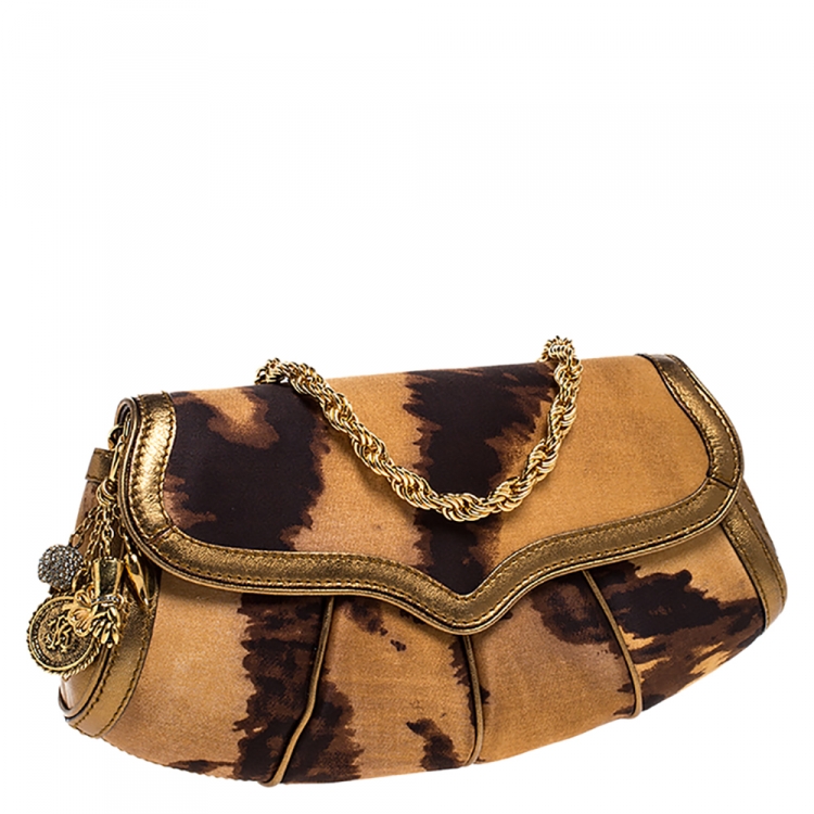 Pre Owned Roberto Cavalli Brown Printed Satin and Leather Charm Shoulder Bag