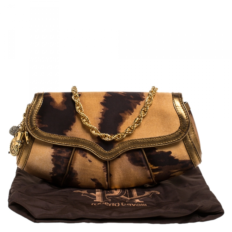 Pre Owned Roberto Cavalli Brown Printed Satin and Leather Charm Shoulder Bag