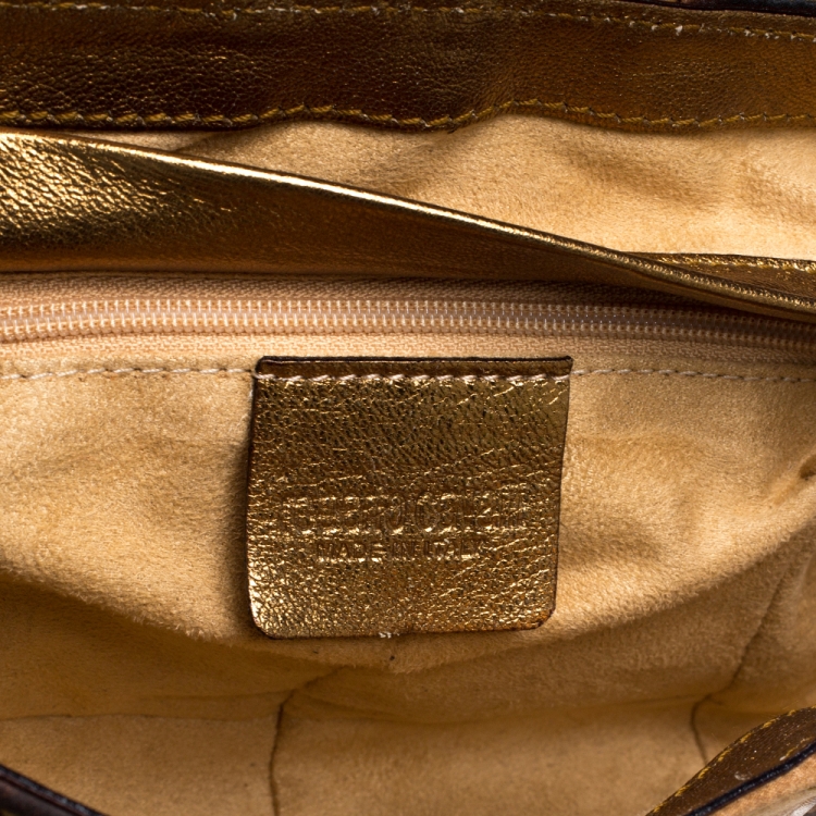 Pre Owned Roberto Cavalli Brown Printed Satin and Leather Charm Shoulder Bag