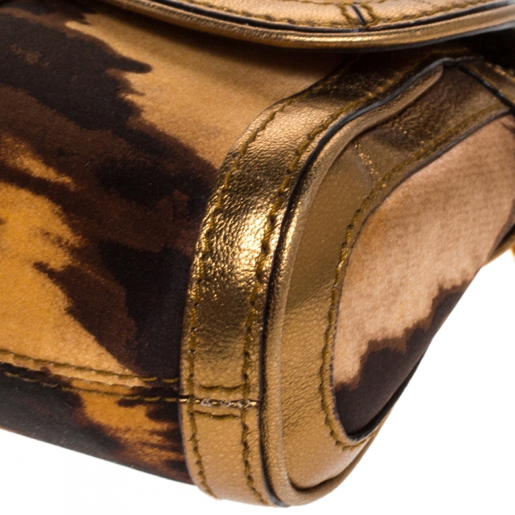 Pre Owned Roberto Cavalli Brown Printed Satin and Leather Charm Shoulder Bag